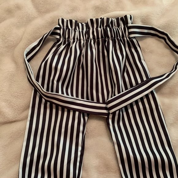 Black and Grayish/Ivory Paper Bag Waist Pants - Picture 4 of 15